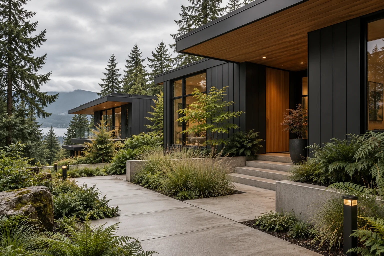 Illustrative West Coast architecture with cedar, charcoal siding and native landscaping